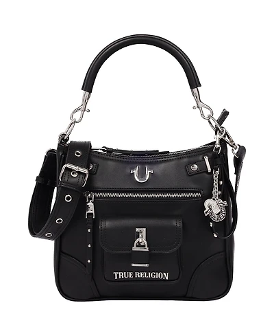True Religion Moto Zip Top Hobo Bag with Lock Pocket Charm - Convertible Shoulder bag