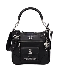 True Religion Moto Zip Top Hobo Bag with Lock Pocket Charm - Convertible Shoulder bag