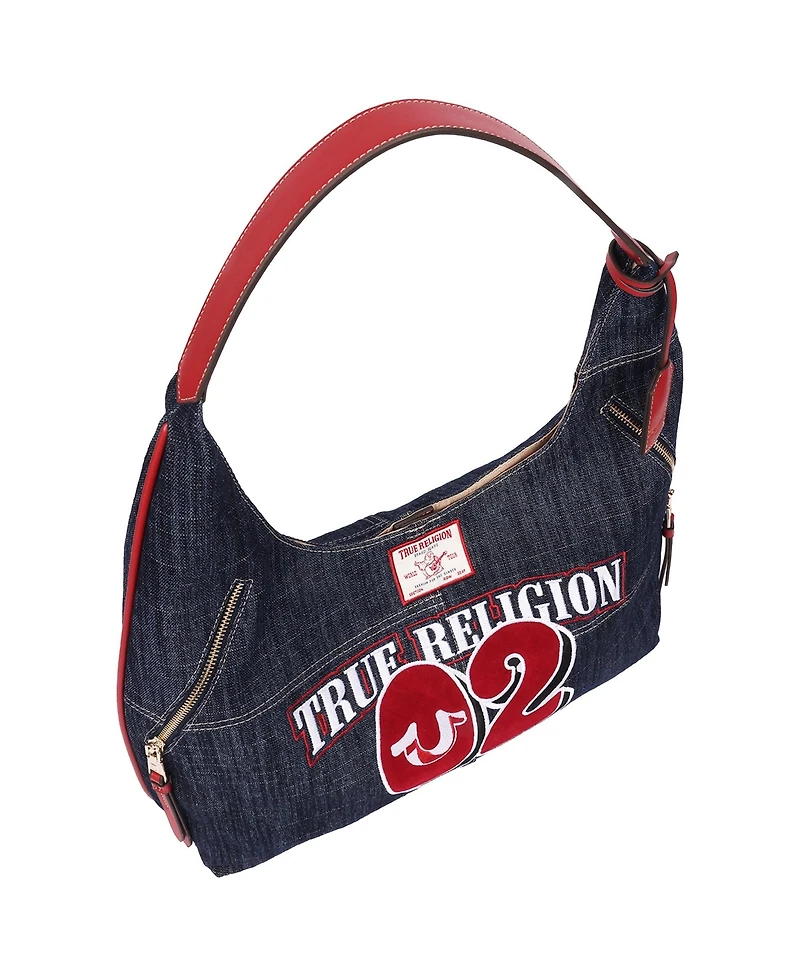 True Religion Varsity Logo Zip Pocket Denim Hobo Bag – Dark Denim Shoulder Purse