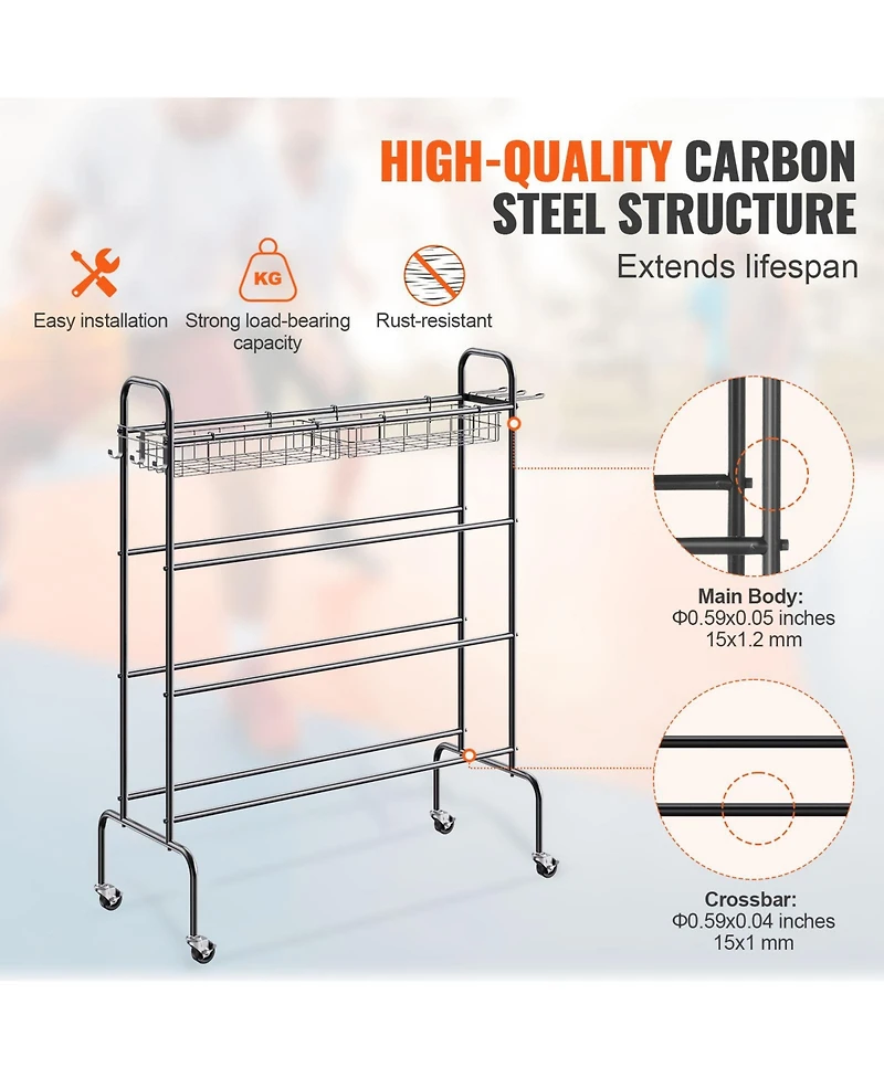 Sevorley 4-Tier Rolling Basketball Rack, Sports Ball Storage Organizer with Wheels, Hooks, and Baskets