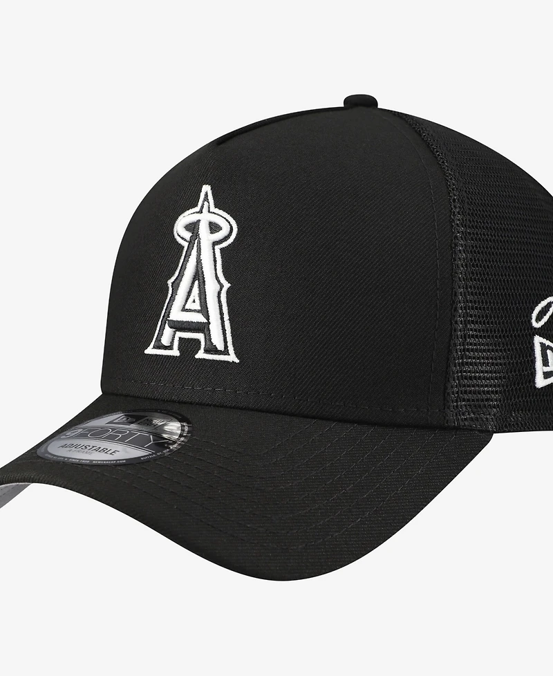 New Era Men's Black Los Angeles Angels Side Script 9FORTY A-Frame Trucker Adjustable Hat