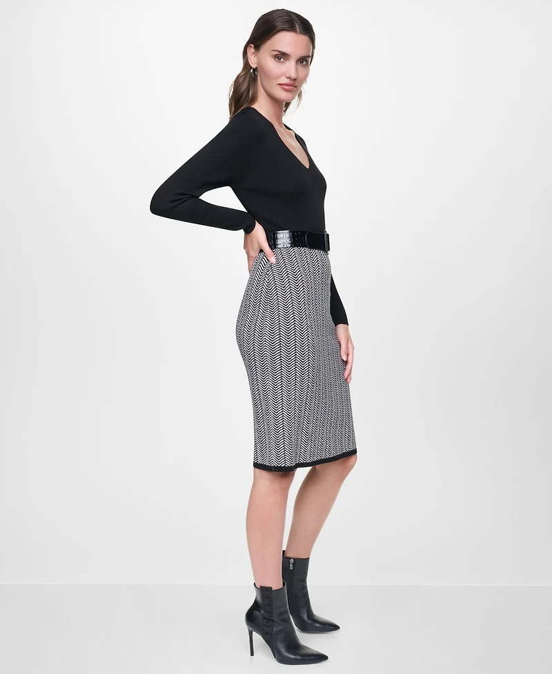 Dkny Women's Long Sleeve V-Neck Belted Sheath Sweater Dress