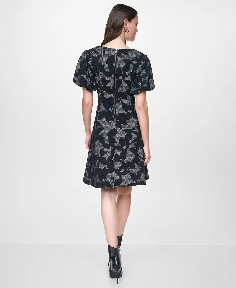 Dkny Women's Short Bubble Sleeve V-Neck Fit and Flare Dress