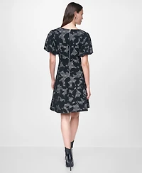Dkny Women's Short Bubble Sleeve V-Neck Fit and Flare Dress