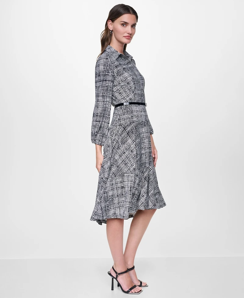 Dkny Women's Long Balloon Sleeve Collared Belted Midi Shirt Dress
