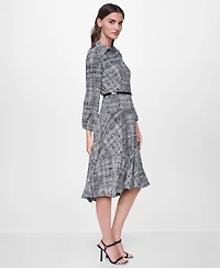 Dkny Women's Long Balloon Sleeve Collared Belted Midi Shirt Dress