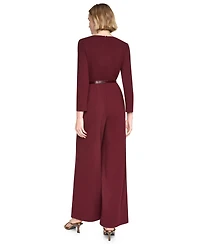 Dkny Women's Long Sleeve V-Neck Belted Wide-Leg Jumpsuit