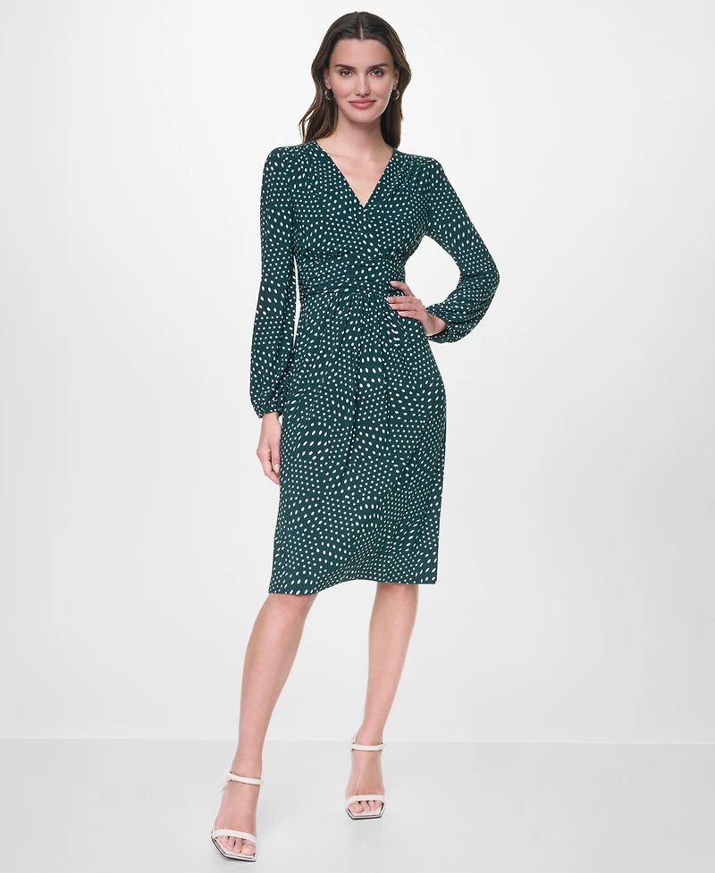 Dkny Women's Long Sleeve Surplice V-Neck Twist-Front Fit and Flare Midi Dress