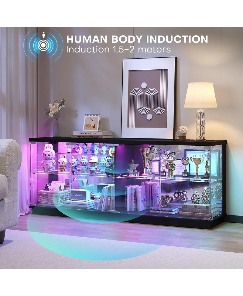 Vlsrka 59'' Smart Tv Stand with Rgb Led Lights, Motion Sensor, Charging Station, Glass Cabinet Doors and Storage Shelves