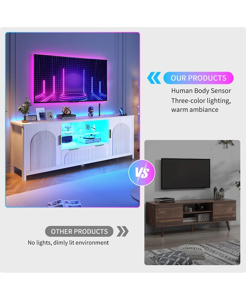 Vlsrka 63" Fluted Tv Stand with Charging Station, Led Lights and Adjustable