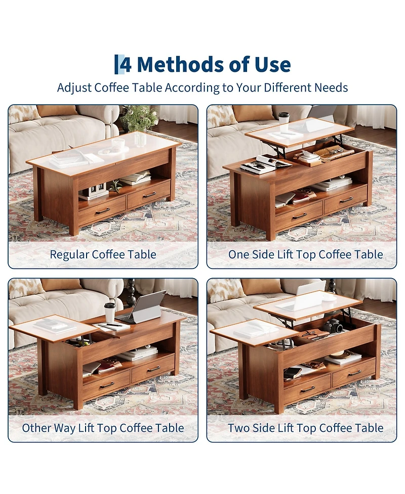 homfan Lift-Top Coffee Table with 2 Drawers, Hidden Compartment and Open Shelf, Convertible Living Room Center Table, Engineered Wood