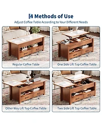 homfan Lift-Top Coffee Table with 2 Drawers, Hidden Compartment and Open Shelf, Convertible Living Room Center Table, Engineered Wood