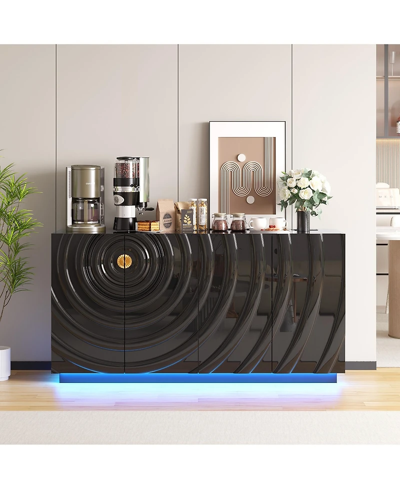 Vlsrka 63" Sideboard Cabinet with Led Lights, Charging Station and Motion Sensor