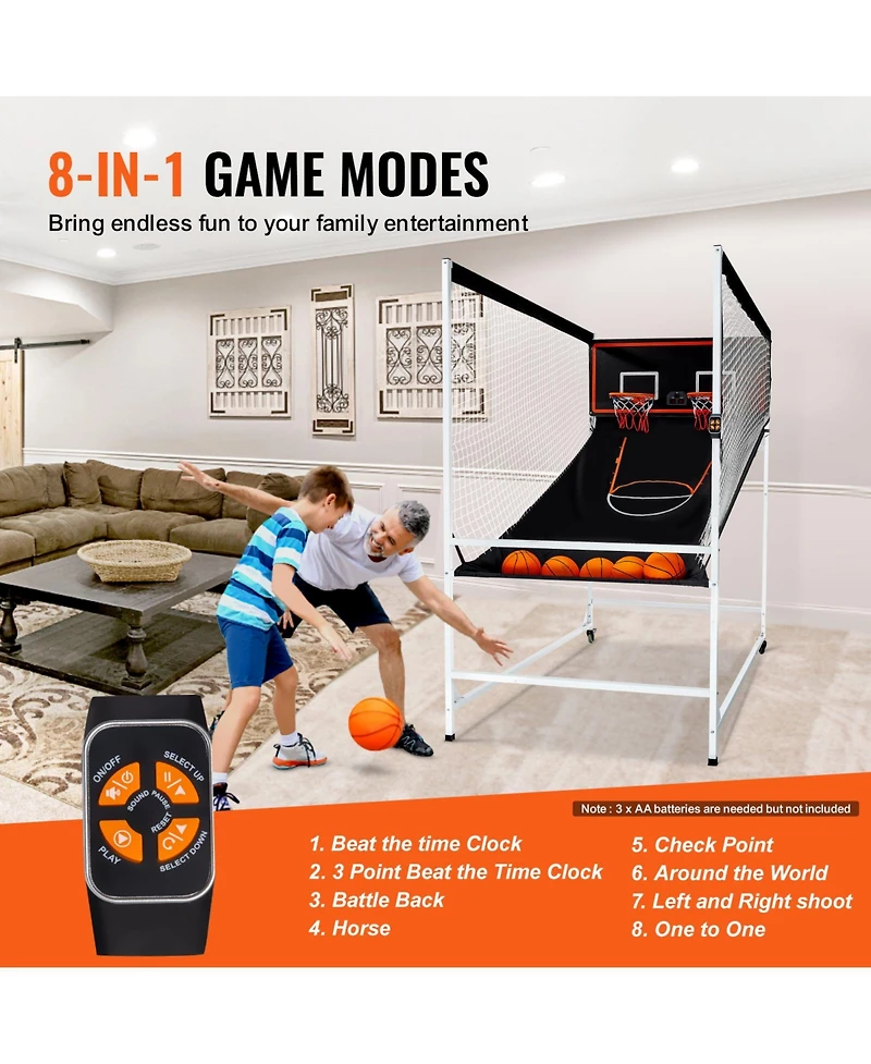 Sevorley Arcade Cage Basketball Game, 2-Player Indoor Dual Shot Hoops with 5 Balls, 8 Game Modes, Electronic Scoreboard and Pump