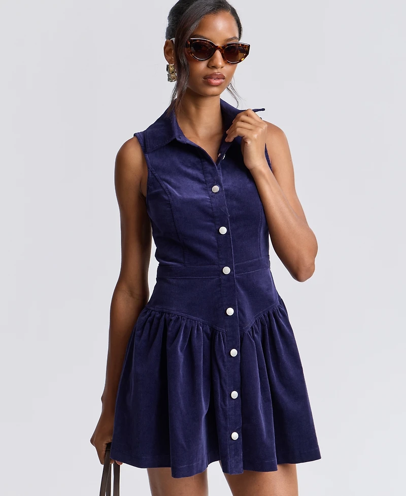 Avec Les Filles Women's Stretch Corduroy Collared Sleeveless Mini Dress