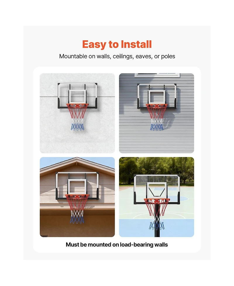 Sevorley 44-Inch Wall Mount Basketball Hoop with Shatterproof Pc Backboard and Steel Rim