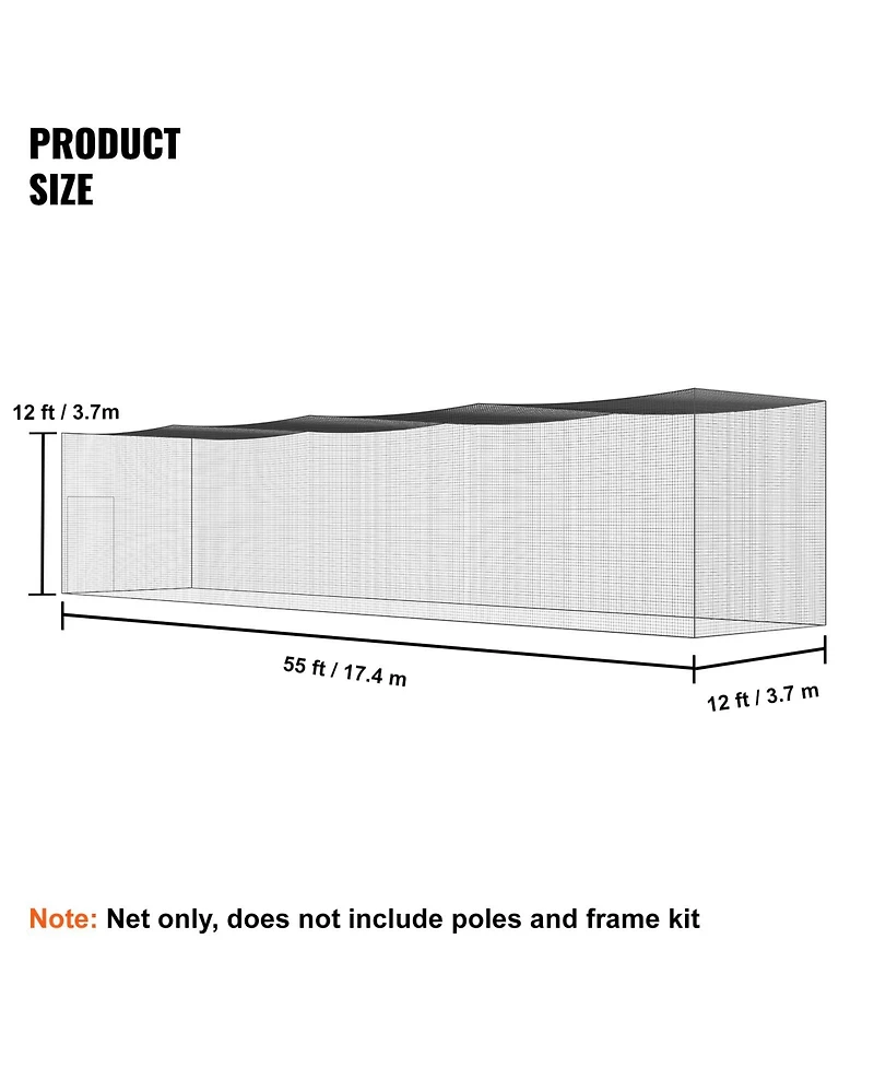 Sevorley Baseball Batting Cage Net, 55 feet Enclosed Pe Netting with Door and Carry Bag (Net Only