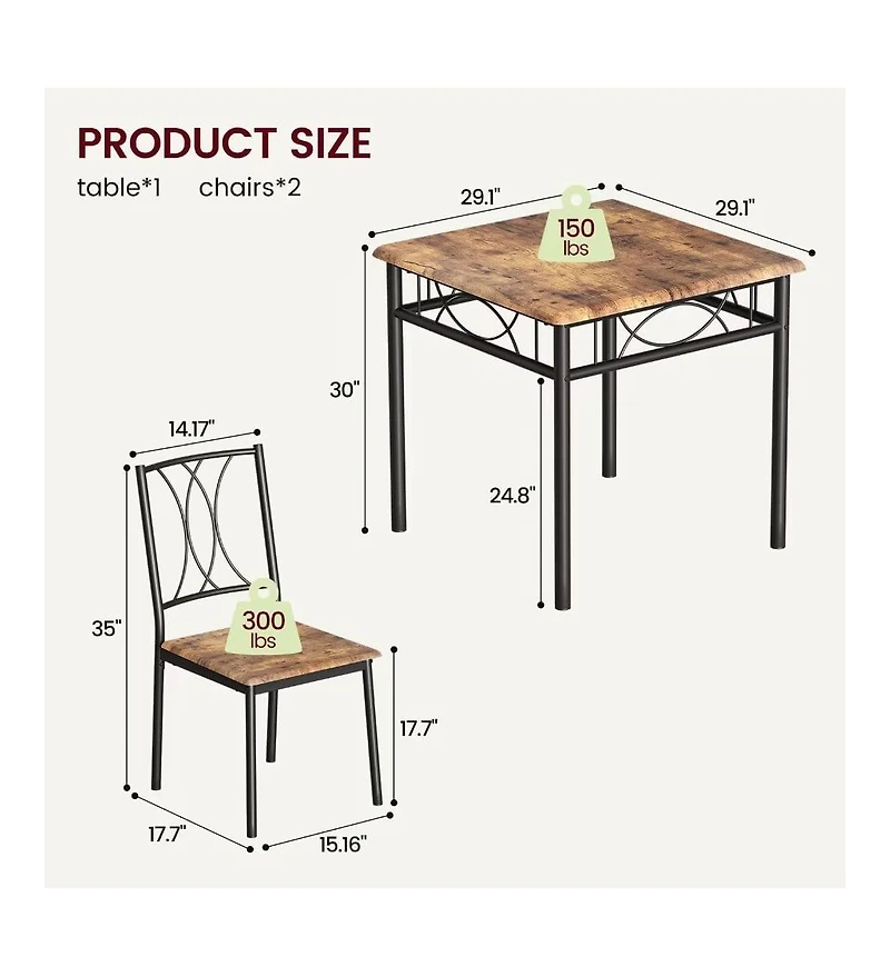 homfan 3-Piece Retro Dining Set, Square Table and 2 Chairs for Small Spaces
