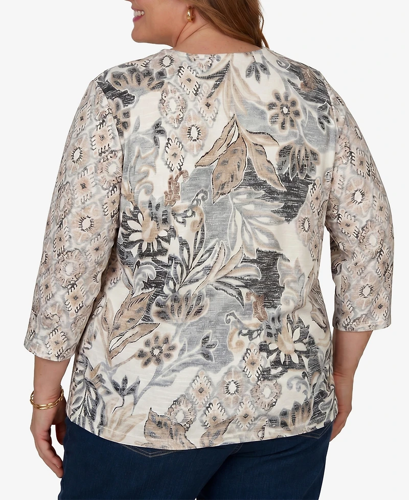 Alfred Dunner Plus Geo Leaf Patchwork Knit Top