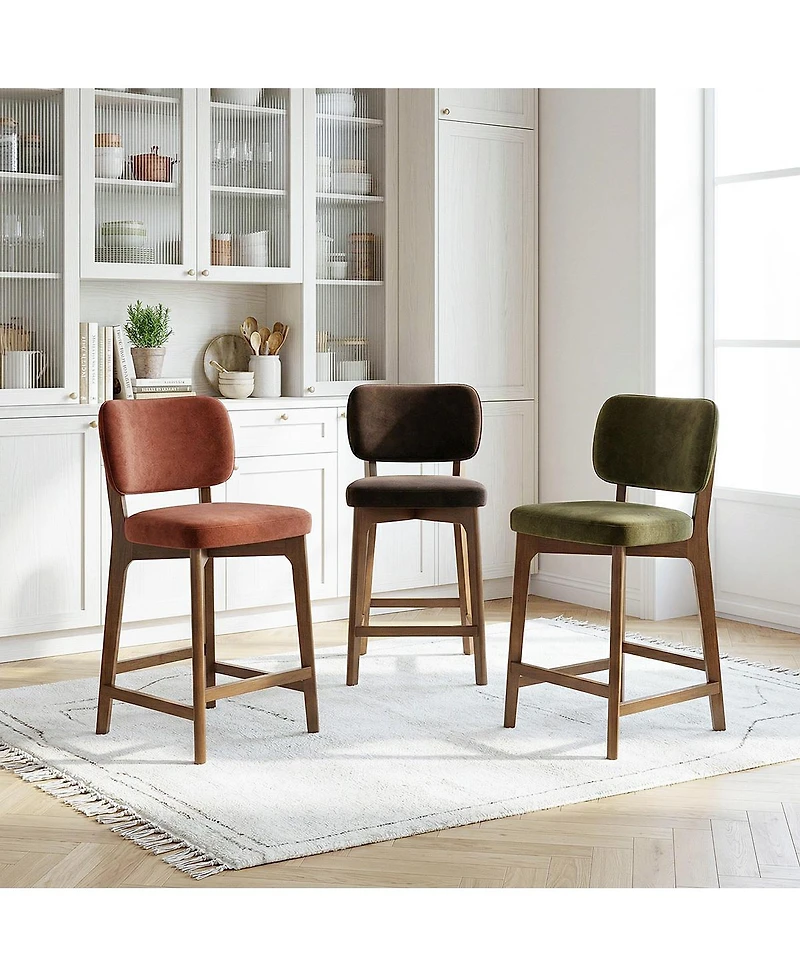Maison Boucle Counter-Height Bar Stools Set of 6 for Large Islands, Velvet Upholstered Counter With Curved Back, Solid Wood Frame Footrest