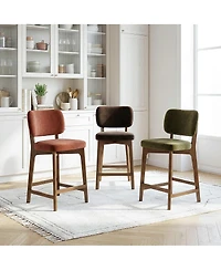 Maison Boucle Counter-Height Bar Stools Set of 6 for Large Islands, Velvet Upholstered Counter With Curved Back, Solid Wood Frame Footrest