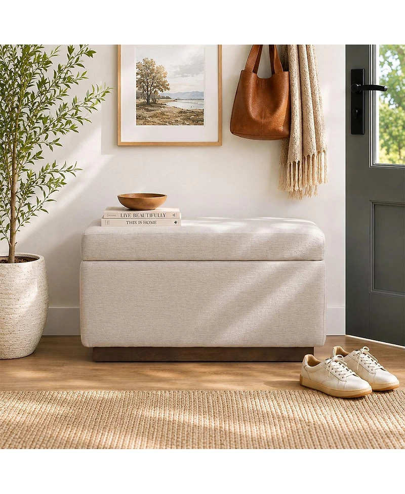 Maison Boucle Entryway Storage Bench With Lift-Top Lid, Linen Upholstered Ottoman Bench, Small-Space Seating for Bedroom or Living Room