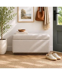 Maison Boucle Entryway Storage Bench With Lift-Top Lid, Linen Upholstered Ottoman Bench, Small-Space Seating for Bedroom or Living Room