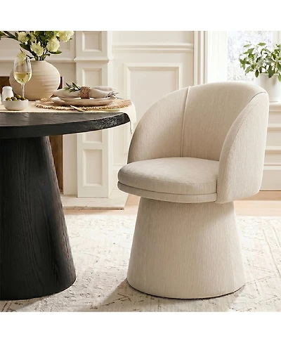 Maison Boucle Modern Upholstered Swivel Dining Chair, Textured Chenille Fabric With Curved Barrel Back, Pedestal Base Accent Chair