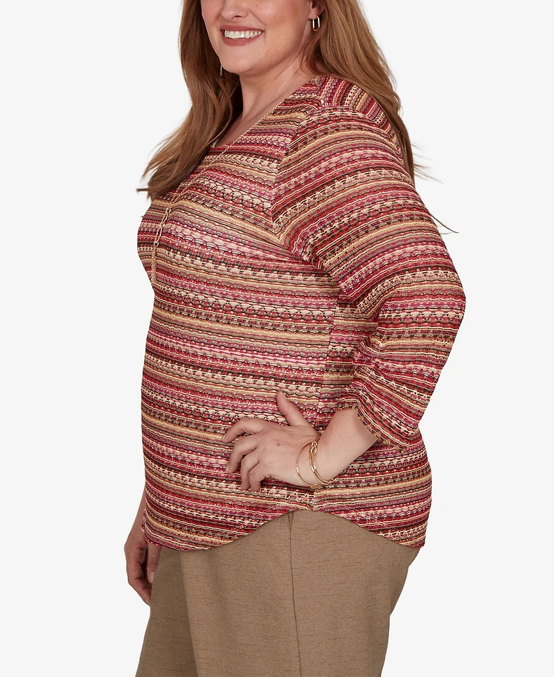 Alfred Dunner Plus Union Square Spacedye Biadere Stripe Top with Necklace
