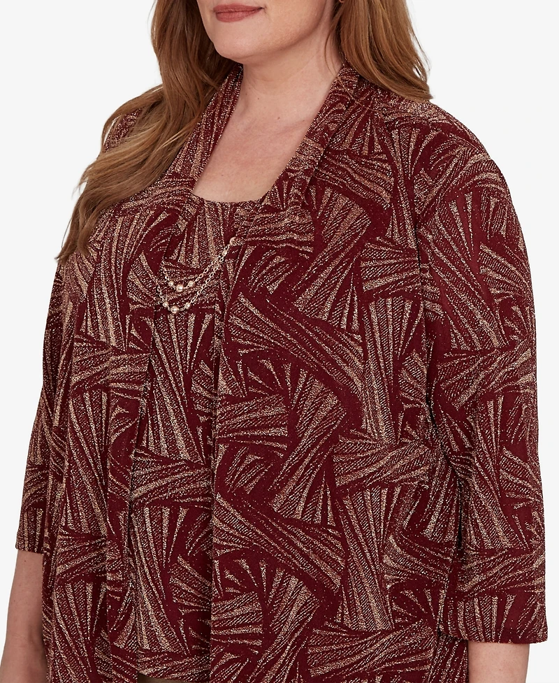 Alfred Dunner Plus Union Square Shimmer Abstract Two One Top with Necklace