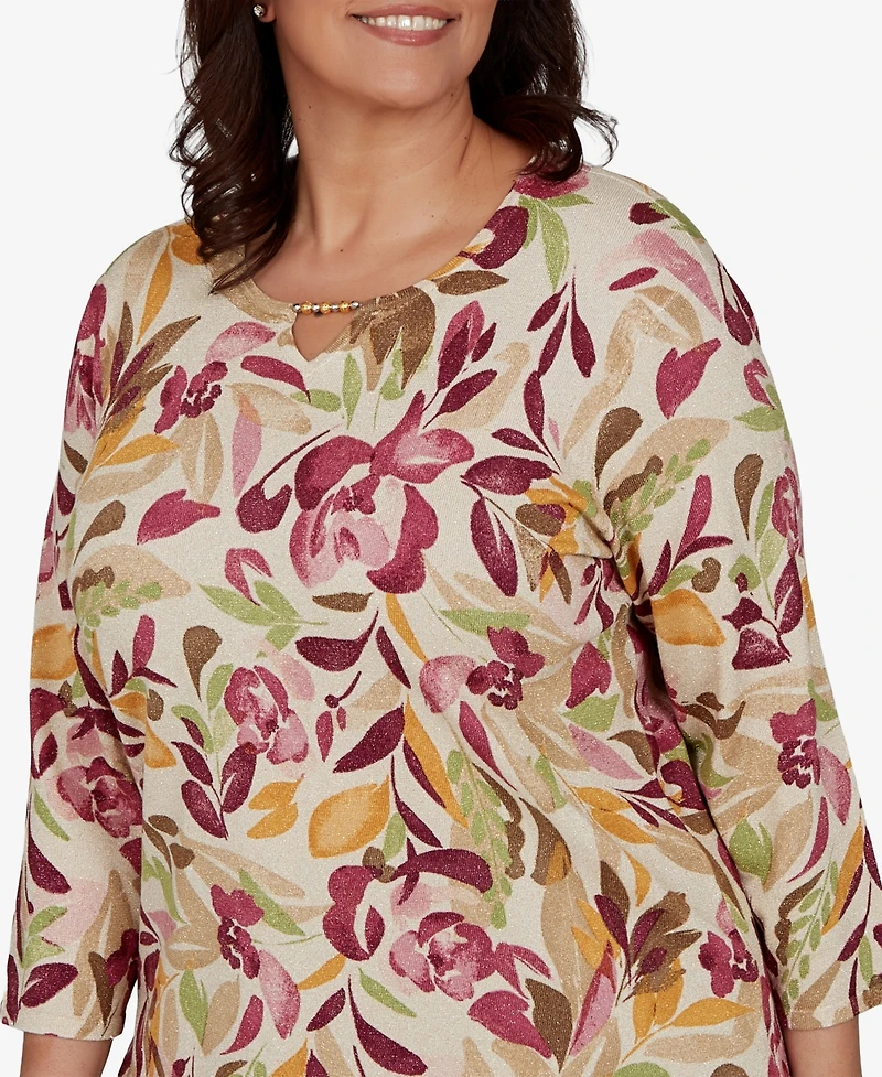Alfred Dunner Plus Union Square Floral Painterly Print Shimmer Sweater