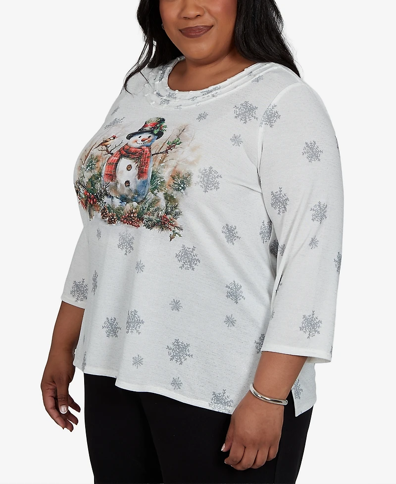 Alfred Dunner Plus Classic Shimmering Snowman Knit Top