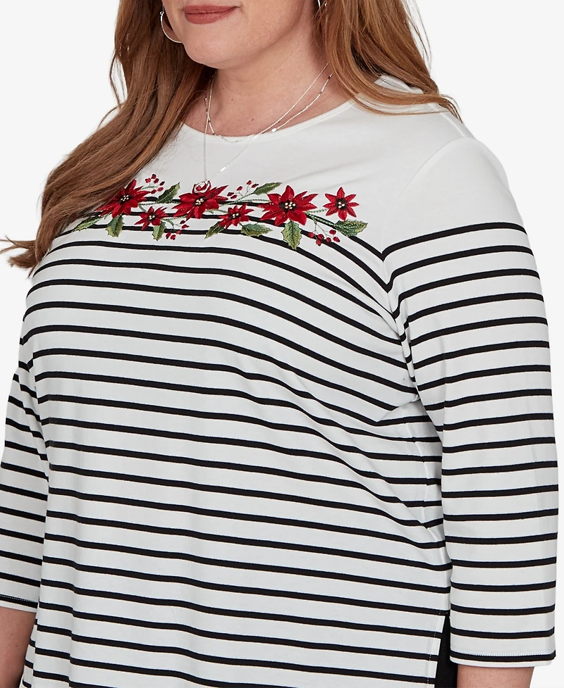 Alfred Dunner Plus Classic Poinsettia Stripe Knit Top