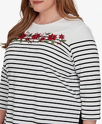 Alfred Dunner Plus Classic Poinsettia Stripe Knit Top