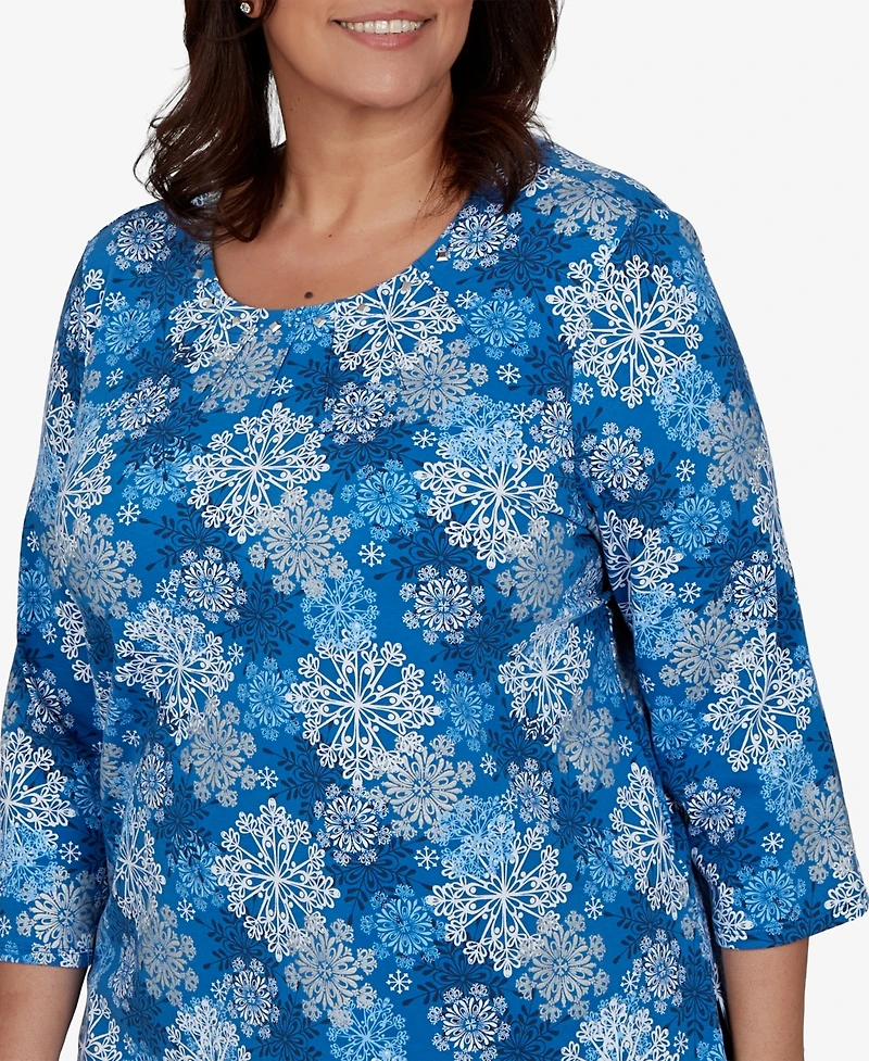 Alfred Dunner Plus Classic Blue Snowflake Print Knit Top
