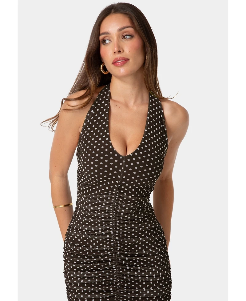 Bebe Womens Polka Dot Mesh Shirred Halter Dress