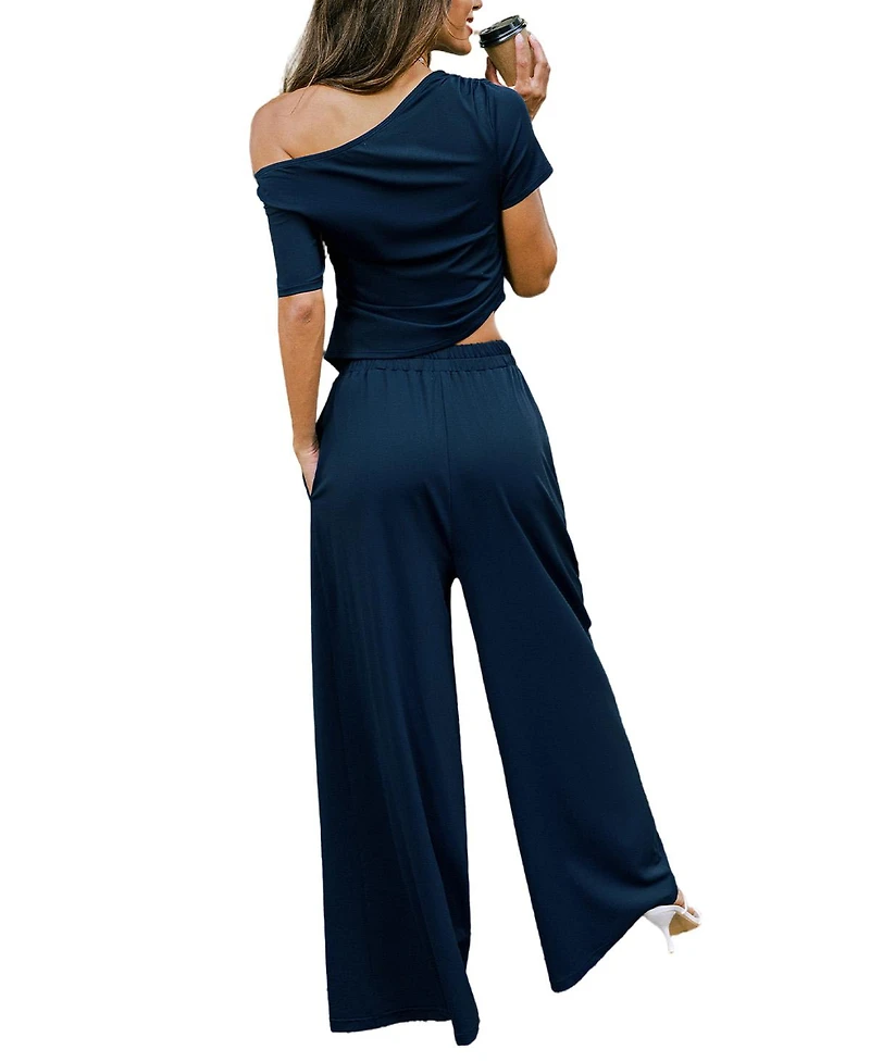 Cupshe Women's Pure Mood V-Neck Wide-Leg Short-Sleeve Top and Pants Set