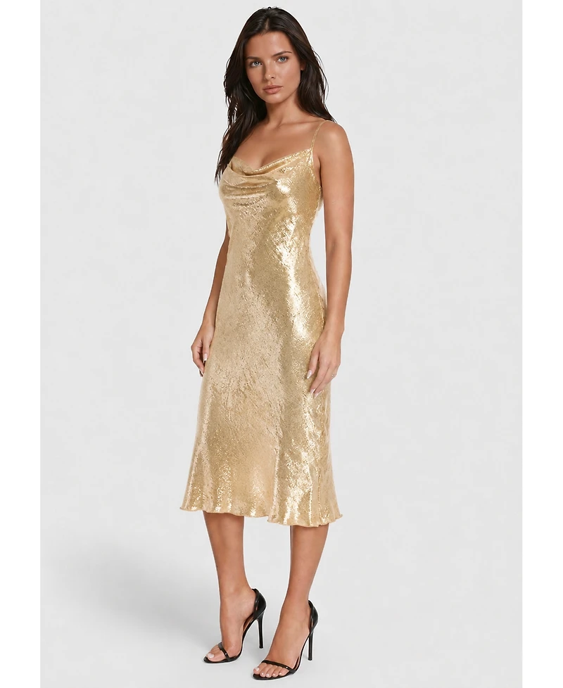 Bebe Women's Foil Finish Cowl Neck Midi Slip Dress