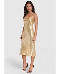 Bebe Women's Foil Finish Cowl Neck Midi Slip Dress
