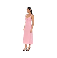 Bebe Women's Crushed Satin Slip Midi Lace-Trimmed V-Neck Dress