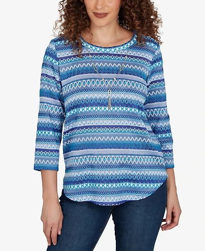 Alfred Dunner Petite Classic Textured Stripe Knit Top With Necklace