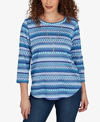 Alfred Dunner Petite Classic Textured Stripe Knit Top With Necklace