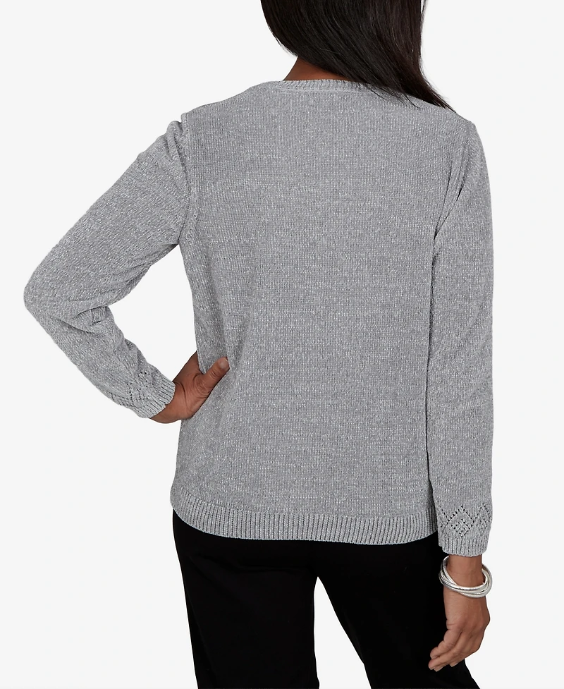 Alfred Dunner Petite Classic Embroidered Floral Textured Chenille Sweater