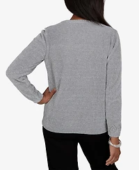 Alfred Dunner Petite Classic Embroidered Floral Textured Chenille Sweater