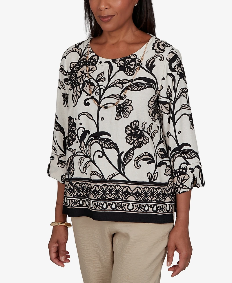 Alfred Dunner Petite Travel Advisory Scroll Border Top With Necklace