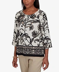 Alfred Dunner Petite Travel Advisory Scroll Border Top With Necklace