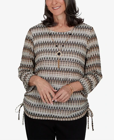 Alfred Dunner Petite Travel Advisory Biadere Textured Top With Necklace