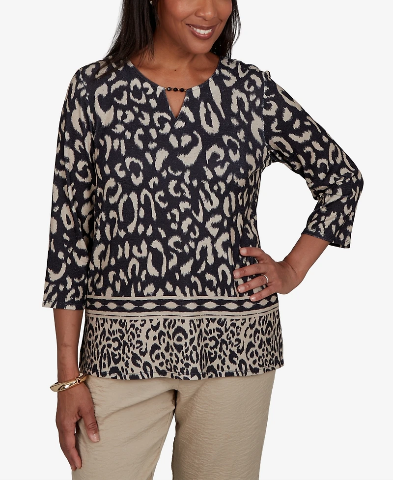 Alfred Dunner Petite Travel Advisory Animal Print Split Neck Knit Top