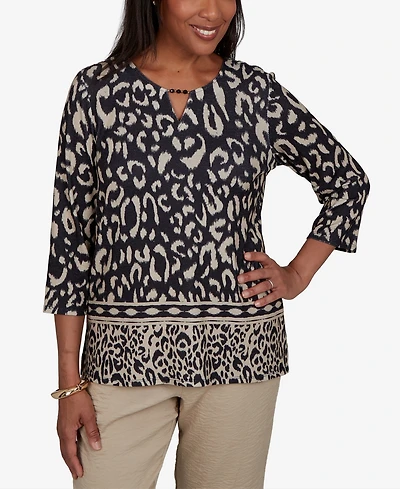 Alfred Dunner Petite Travel Advisory Animal Print Split Neck Knit Top