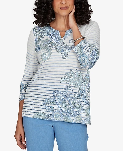 Alfred Dunner Petite Provence Paisley Stripe Split Neck Top